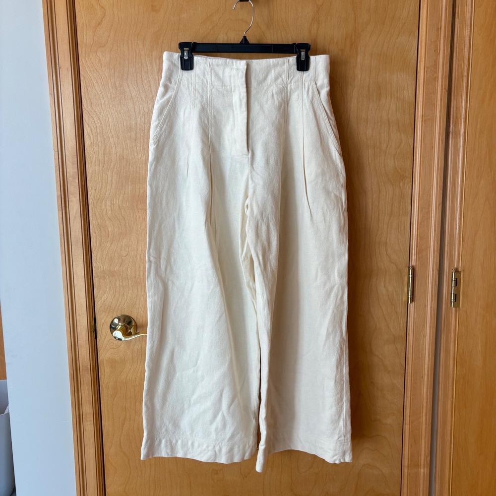 A.L.C. Wide Leg Pants Women 8 Cream Linen Cotton Blend High Waist Italian Fabric